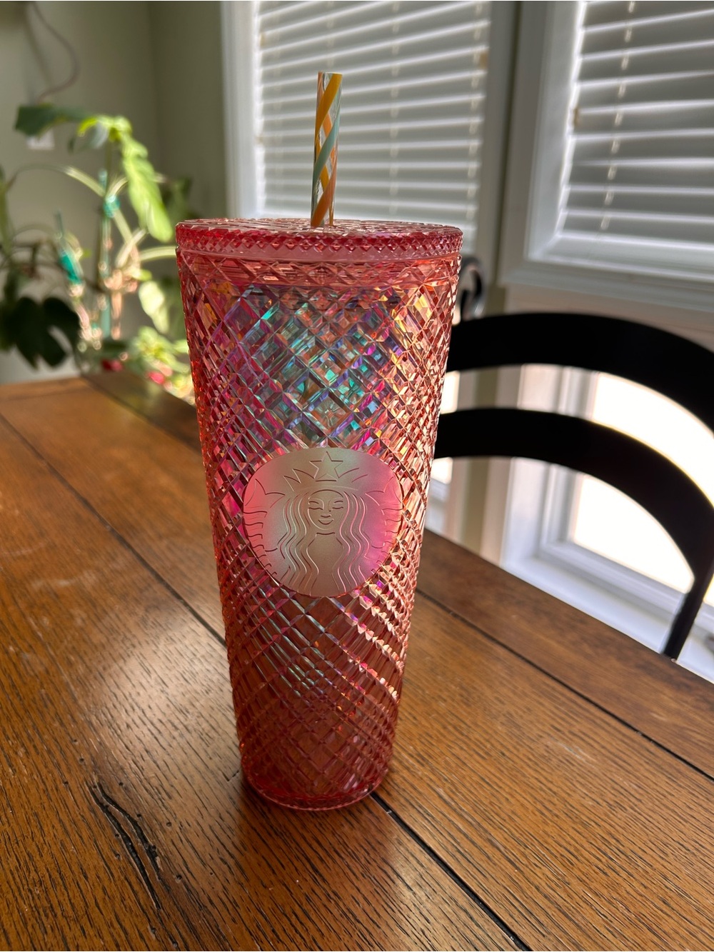 Starbucks Iridescent Pink Studded Tumbler with Striped Straw 24 oz like new